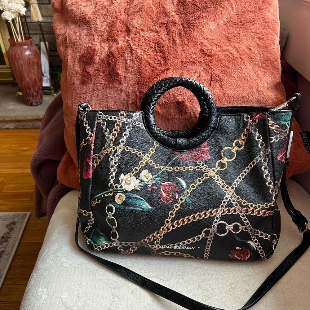 Dana Buchman, black floral vegan satchel crossbody bag - Picture 12 of 15